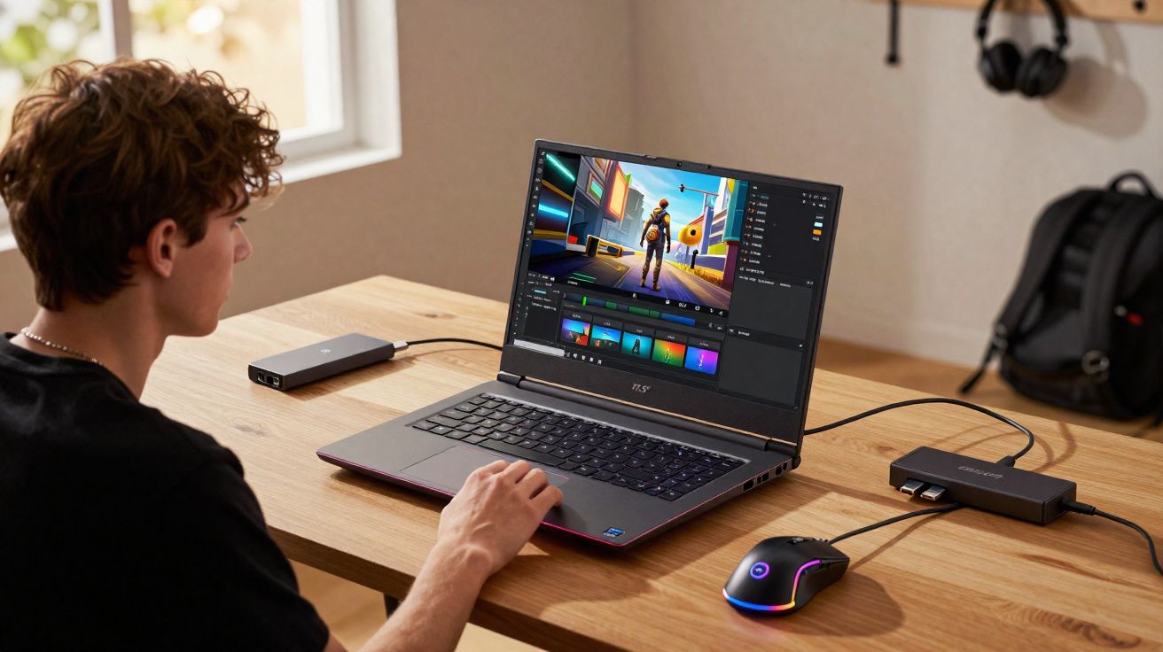 Jovem editando vídeo de jogo em laptop com mouse RGB em mesa de madeira iluminada por luz natural.