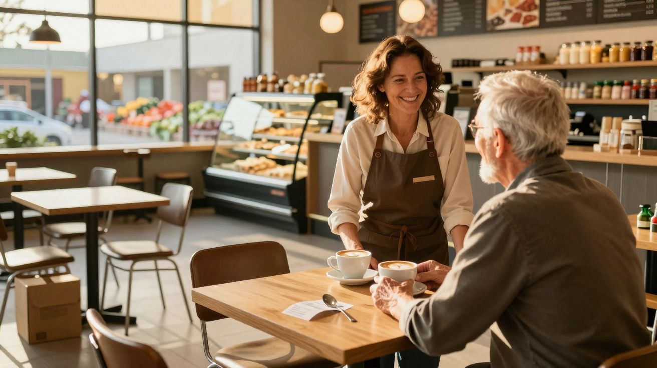 Atendente serve café para cliente idoso em cafeteria moderna e iluminada durante o dia.