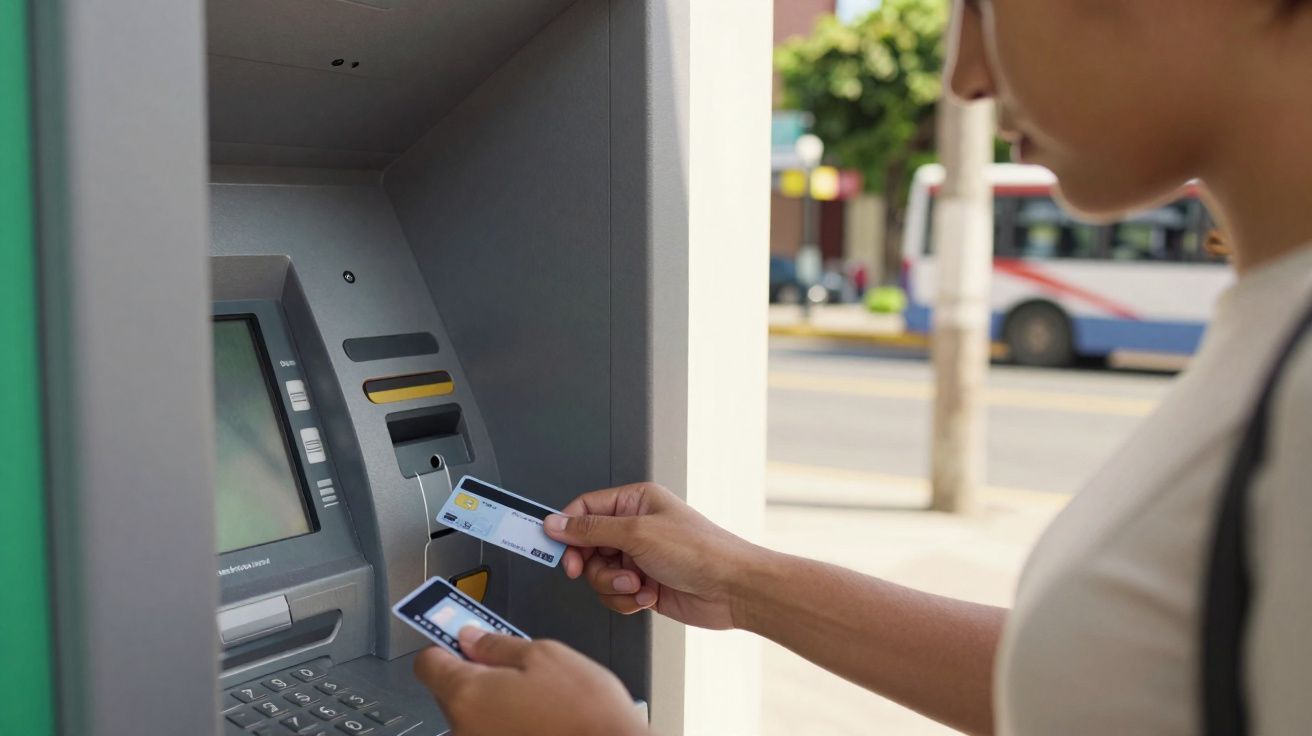 Pessoa usando cartão bancário para operar caixa eletrônico em área externa.