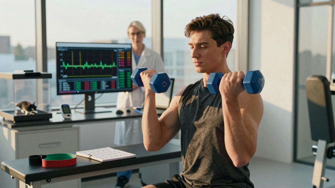 Homem levantando halteres em consultório médico com profissional acompanhando ao fundo.