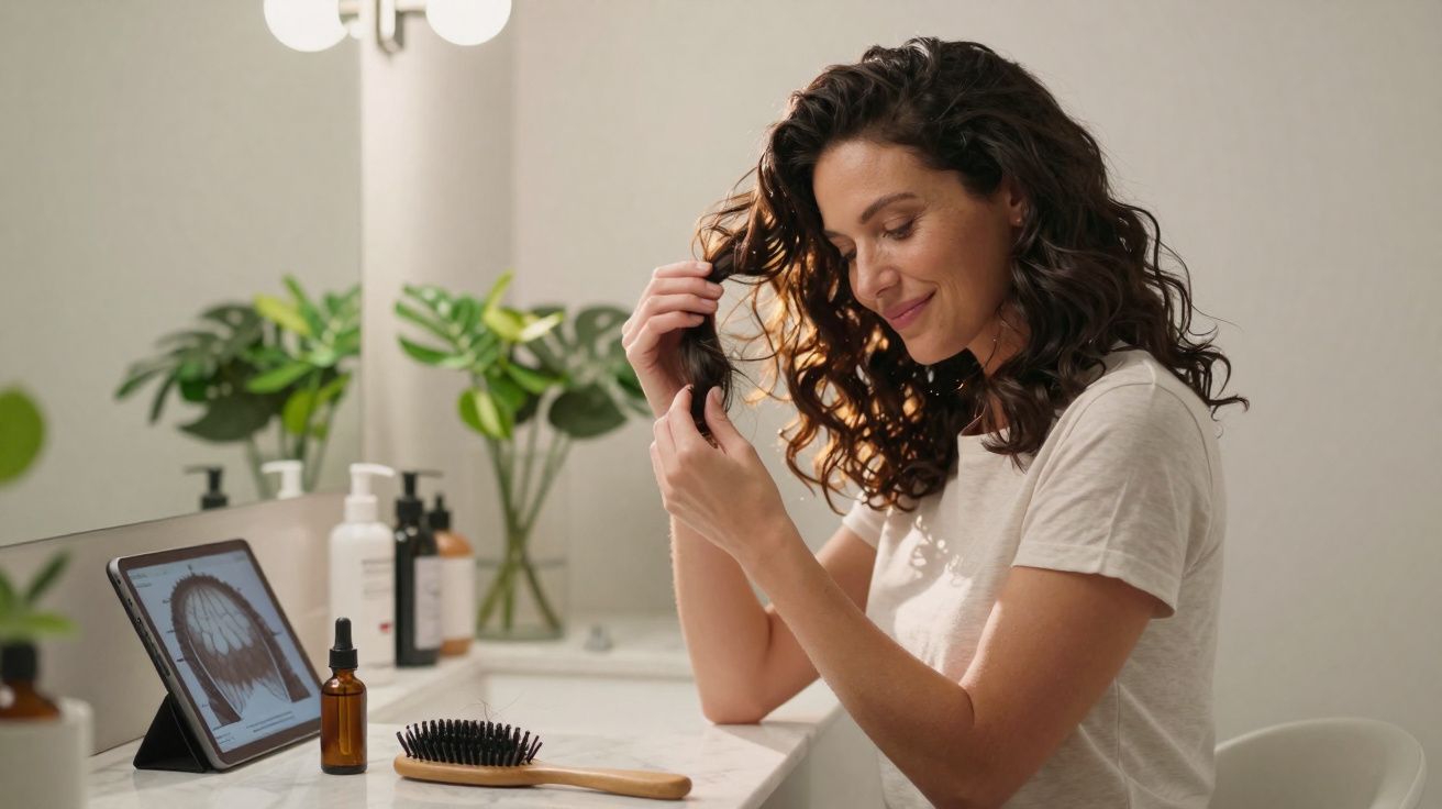 Mulher com cabelo cacheado cuidando dos fios em frente a espelho, com acessórios de beleza na bancada.