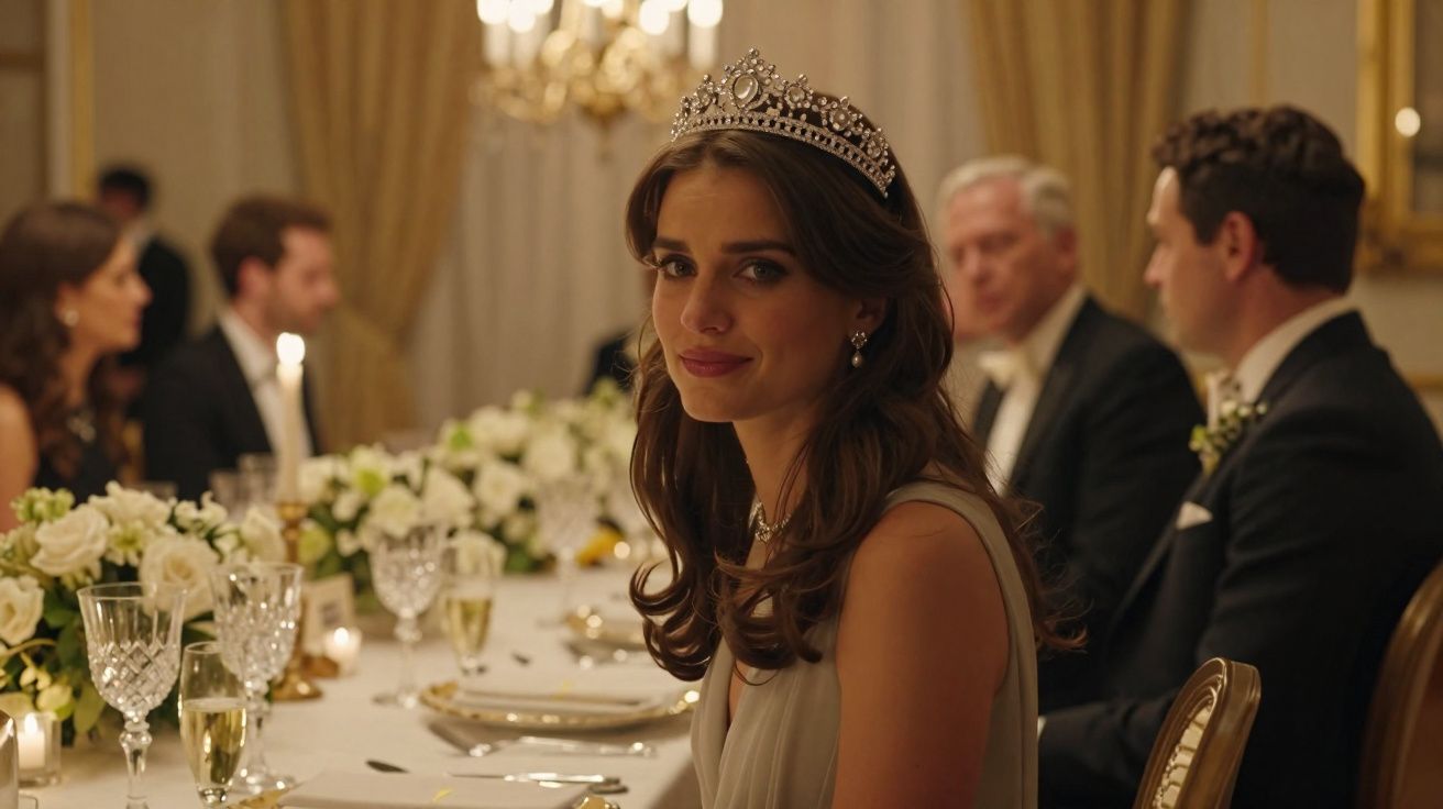 Jovem usando tiara sorrindo durante jantar formal elegante com outras pessoas e decoração de flores brancas.