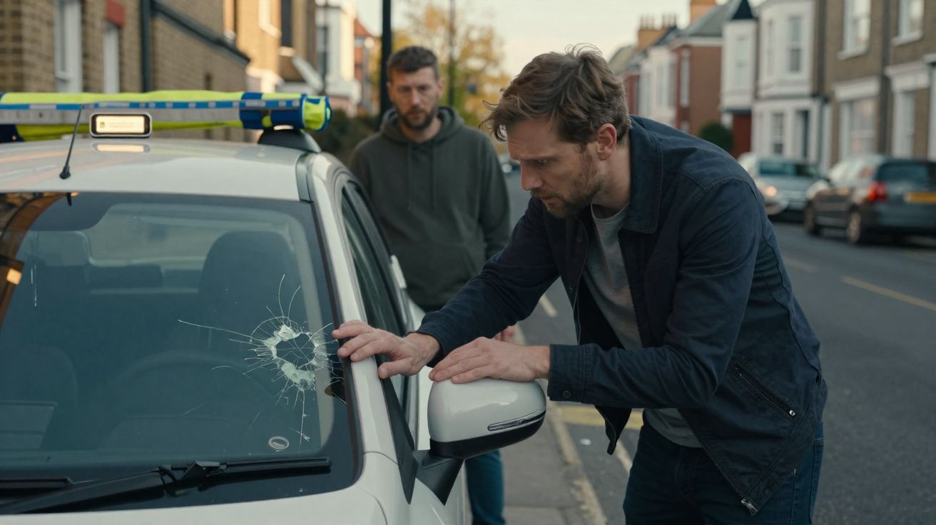 Homem inspecionando vidro quebrado de carro com buraco, outra pessoa observa ao fundo na rua da cidade.