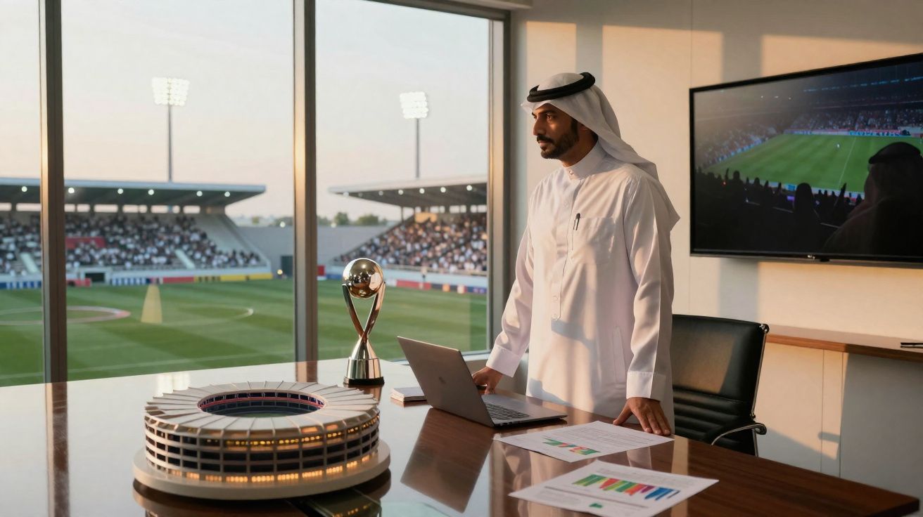 Homem árabe em escritório observa estádio de futebol lotado ao pôr do sol com troféu e maquete na mesa.