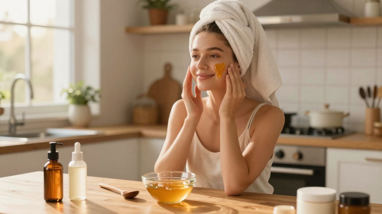 Mulher com toalha na cabeça aplicando máscara facial de mel em cozinha iluminada e moderna.