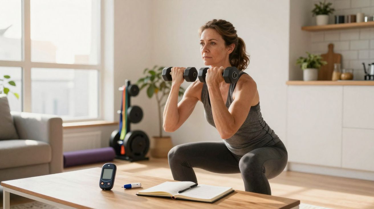 Mulher fazendo agachamento com halteres em sala iluminada, com caderno, caneta e medidor na mesa.
