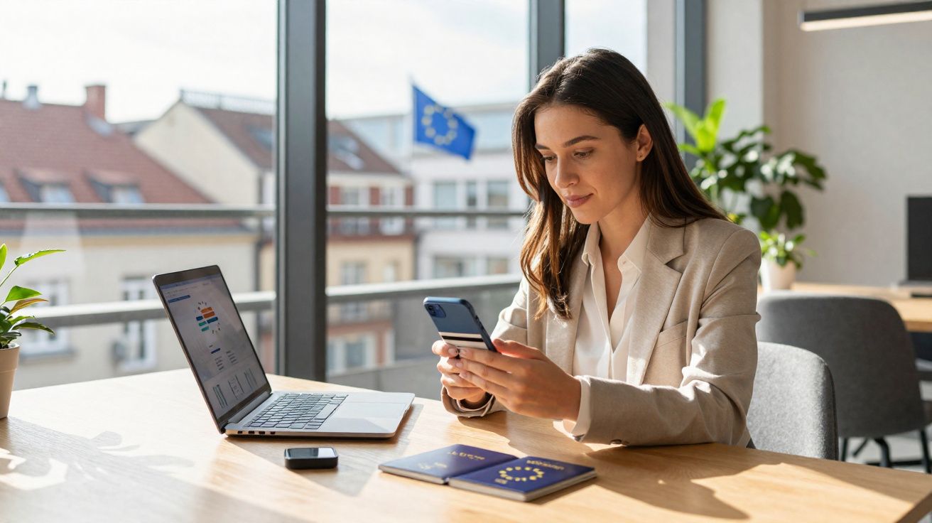 Mulher em escritório moderno usando smartphone com laptop aberto e passaportes da União Europeia sobre a mesa.