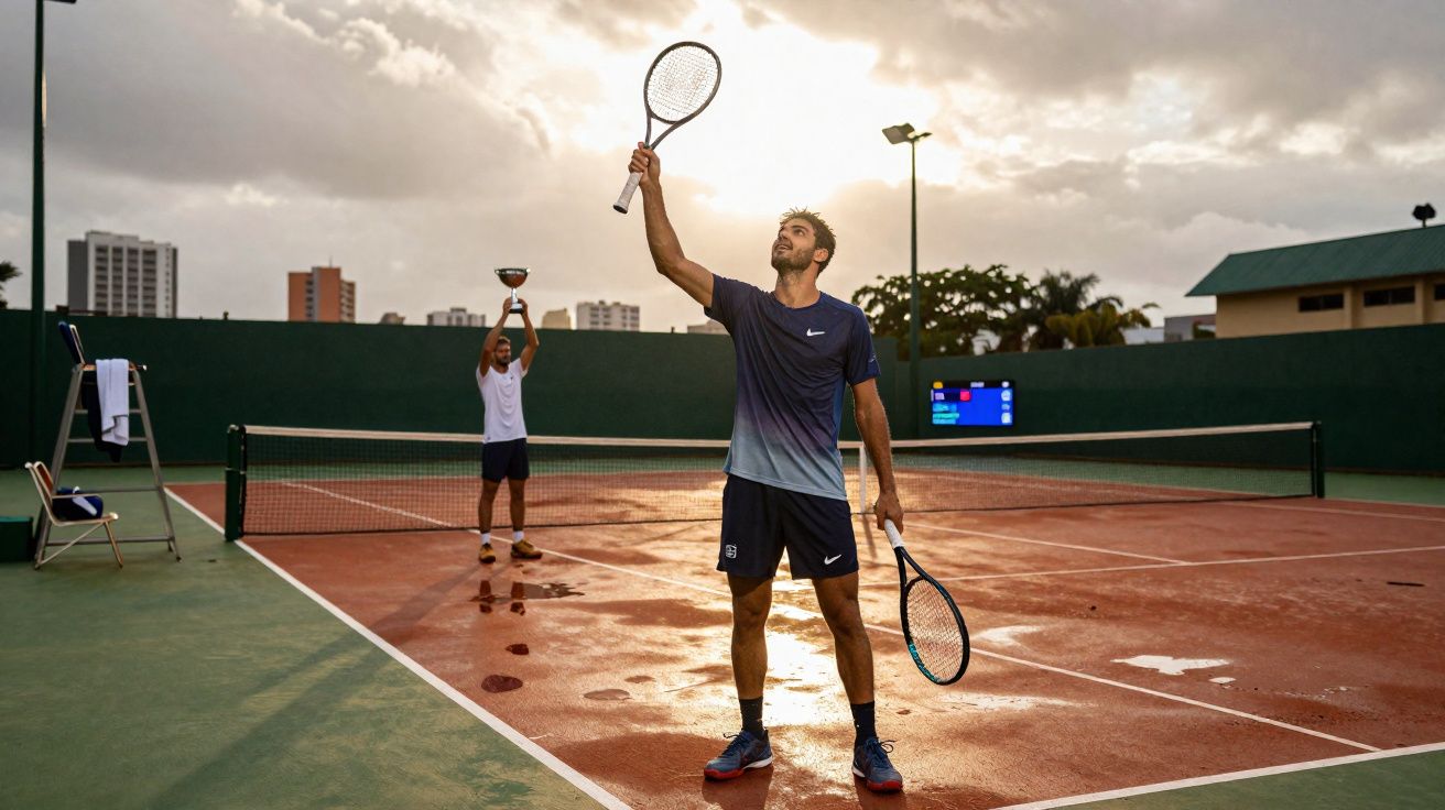 Dois jogadores de tênis comemoram na quadra ao pôr do sol, um levantando um troféu e outro a raquete.