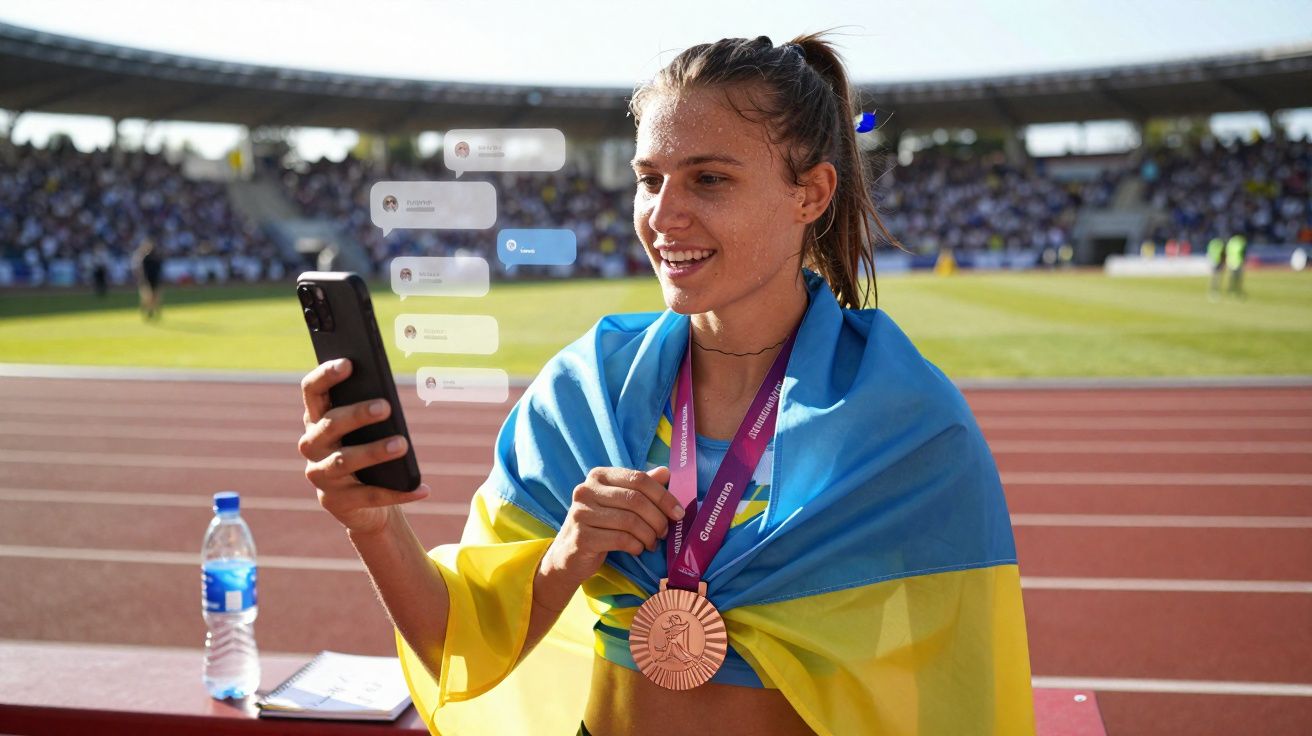 Atleta com medalha e bandeira da Ucrânia sorri olhando para celular em estádio após competição.