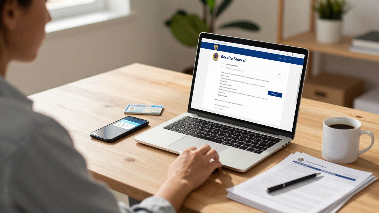 Pessoa usando laptop com site da Receita Federal aberto, cartão de vacinação, celular e documentos sobre mesa de madeira.