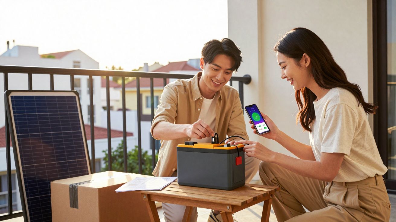 Casal jovem testa bateria portátil conectada a painel solar em varanda ensolarada.
