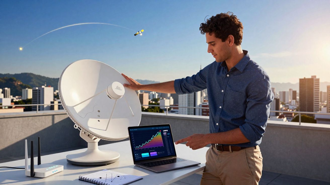 Homem usando antena parabólica no telhado com laptop mostrando gráfico de dados e satélite no céu.