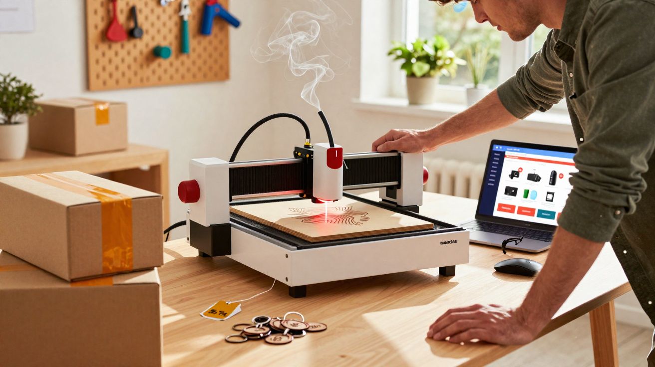 Pessoa operando máquina de gravação a laser em madeira em ambiente de trabalho com caixa e laptop.