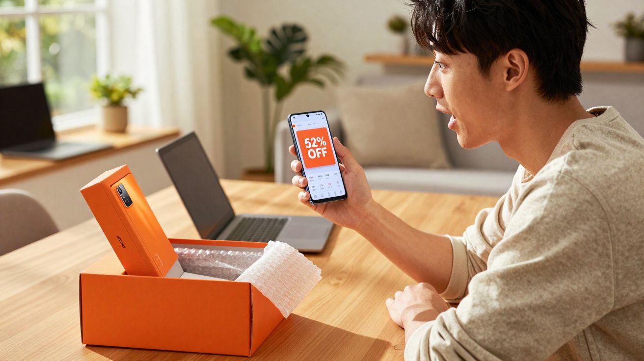 Homem animado vê promoção de 52% de desconto no celular enquanto desempacota novo smartphone em caixa laranja.