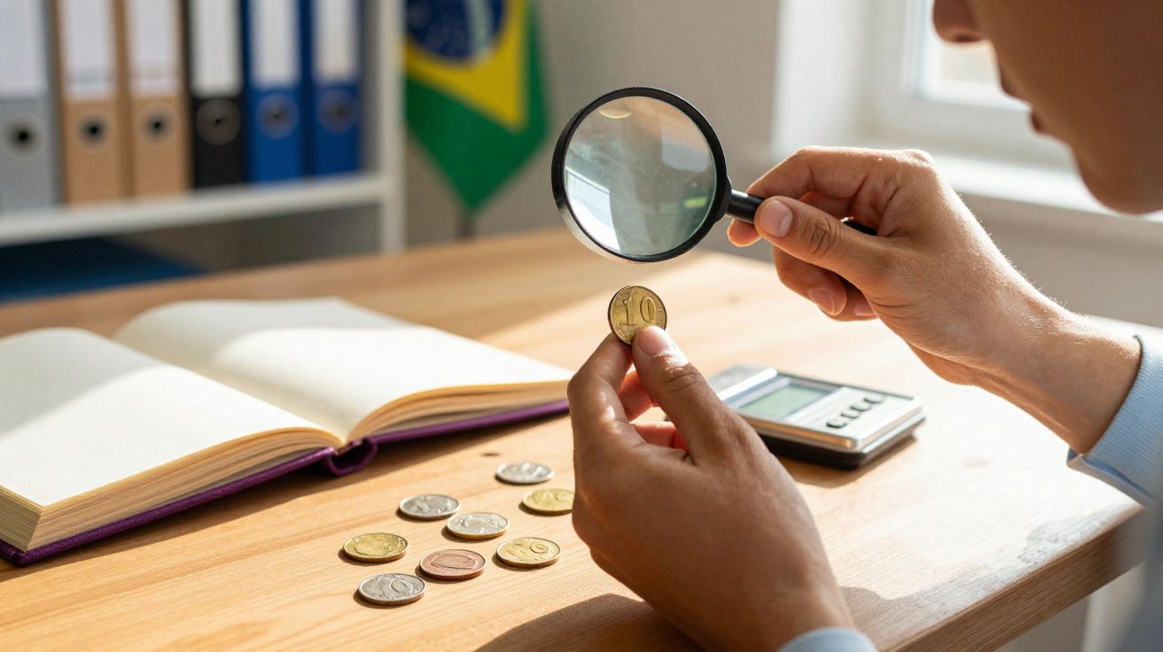 Pessoa segurando lupa para examinar moeda de 10 centavos sobre mesa com moedas, calculadora e livro aberto.