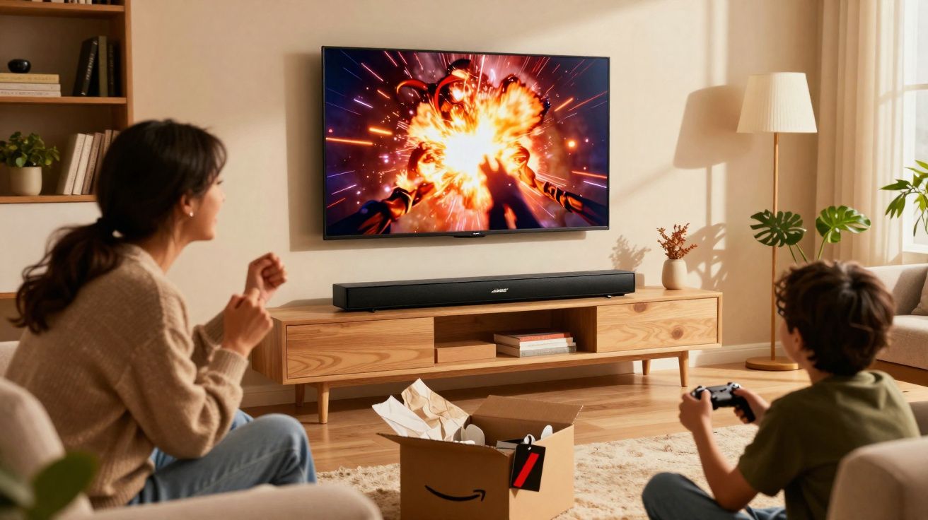 Mulher e menino jogando videogame em sala de estar com TV na parede mostrando explosão.