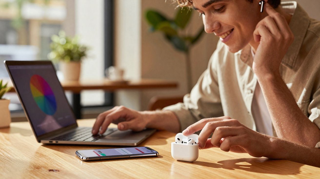 Jovem sorridente usando fone de ouvido sem fio, mexendo em caixa de fone, laptop e celular na mesa.