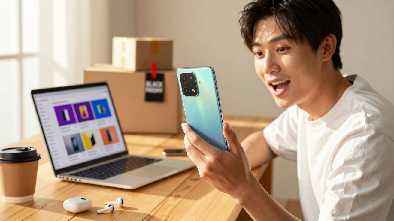 Jovem surpreso segurando celular azul perto de laptop e caixas de entrega sobre mesa de madeira.