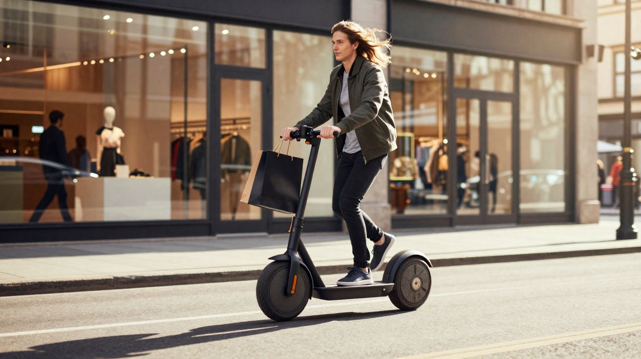 Pessoa jovem em patinete elétrico andando na rua com sacola de compras nas mãos, em área urbana.