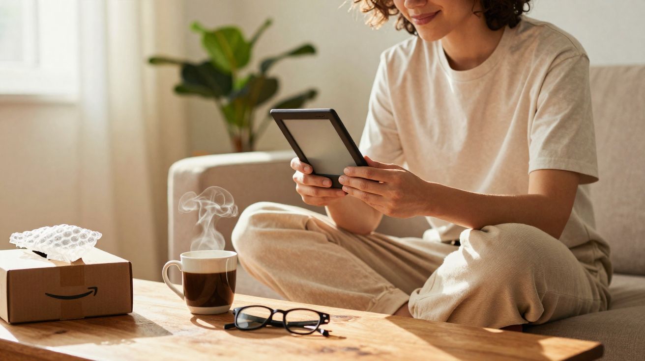 Pessoa sentada no sofá lendo em um dispositivo eletrônico com café, óculos e caixa sobre mesa de madeira.