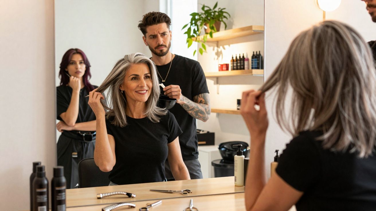 Mulher sorridente no salão de beleza tendo o cabelo estilizado por cabeleireiro, com assistente ao fundo.