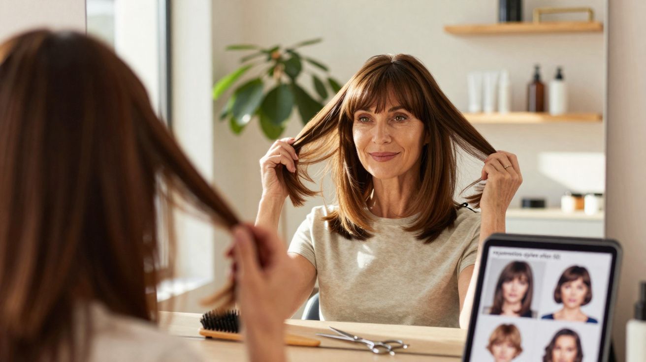 Mulher olhando para o espelho, segurando o cabelo, com imagens de cortes de cabelo no laptop à frente.