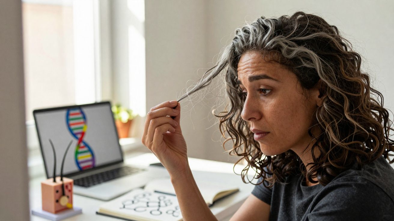 Mulher pensativa com cabelos grisalhos, segurando mecha de cabelo, ao lado de laptop com imagem de DNA.