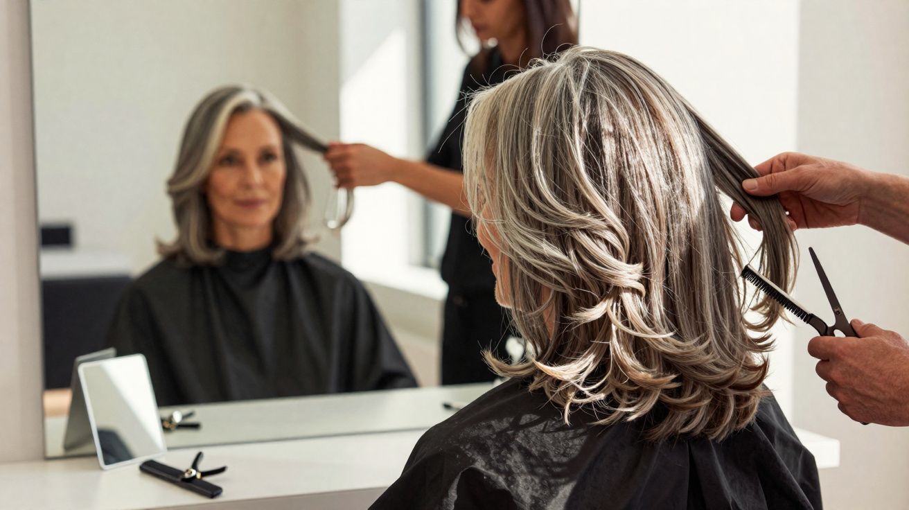 Mulher com cabelo grisalho sendo cortado por cabeleireiro em salão de beleza, refletida no espelho.