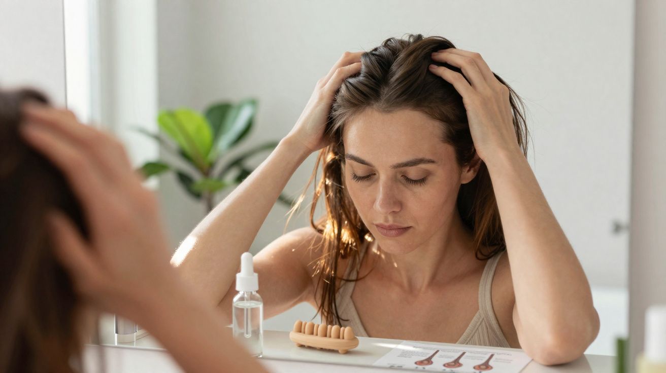 Mulher olhando cabelo no espelho com produtos para cuidados capilares sobre bancada branca.