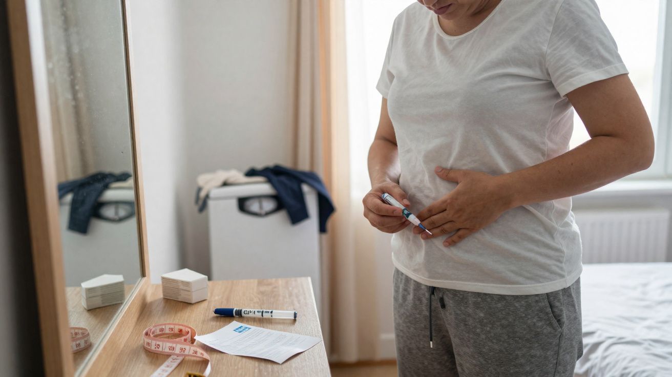 Pessoa aplicando injeção na barriga em ambiente doméstico com mesa e espelho próximos.
