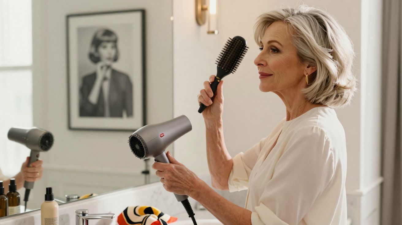 Mulher madura secando o cabelo com secador e escova em frente ao espelho no banheiro.