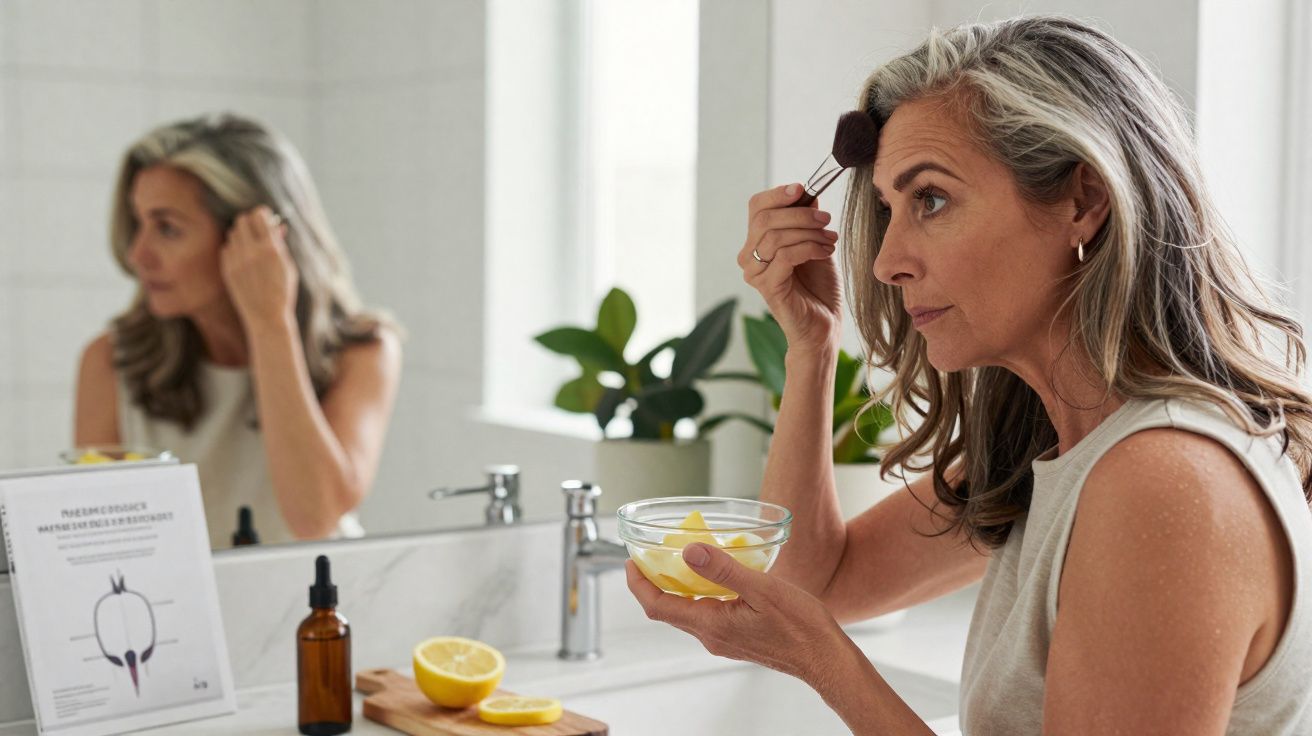 Mulher madura aplica máscara facial em banheiro moderno com espelho e plantas ao fundo.