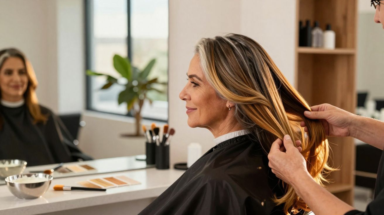 Mulher sorridente sentada em salão de beleza enquanto cabeleireiro penteia seu cabelo loiro.