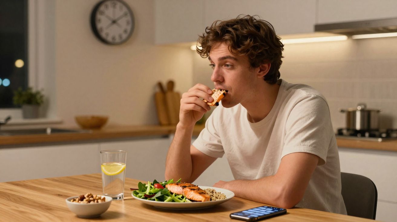 Homem jovem com camiseta branca comendo pizza na cozinha à noite, com prato de salada e peixe na mesa.