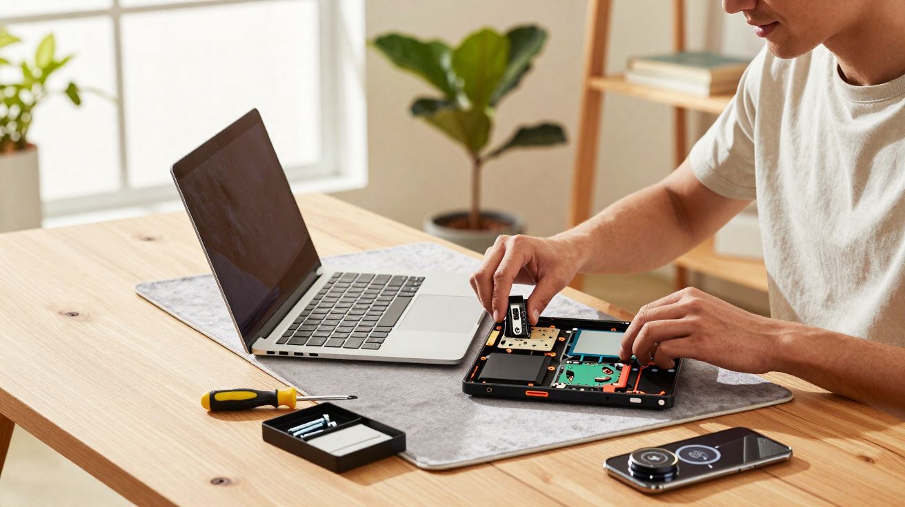 Pessoa montando ou reparando um dispositivo eletrônico ao lado de notebook, ferramentas e celular sobre mesa de madeira.