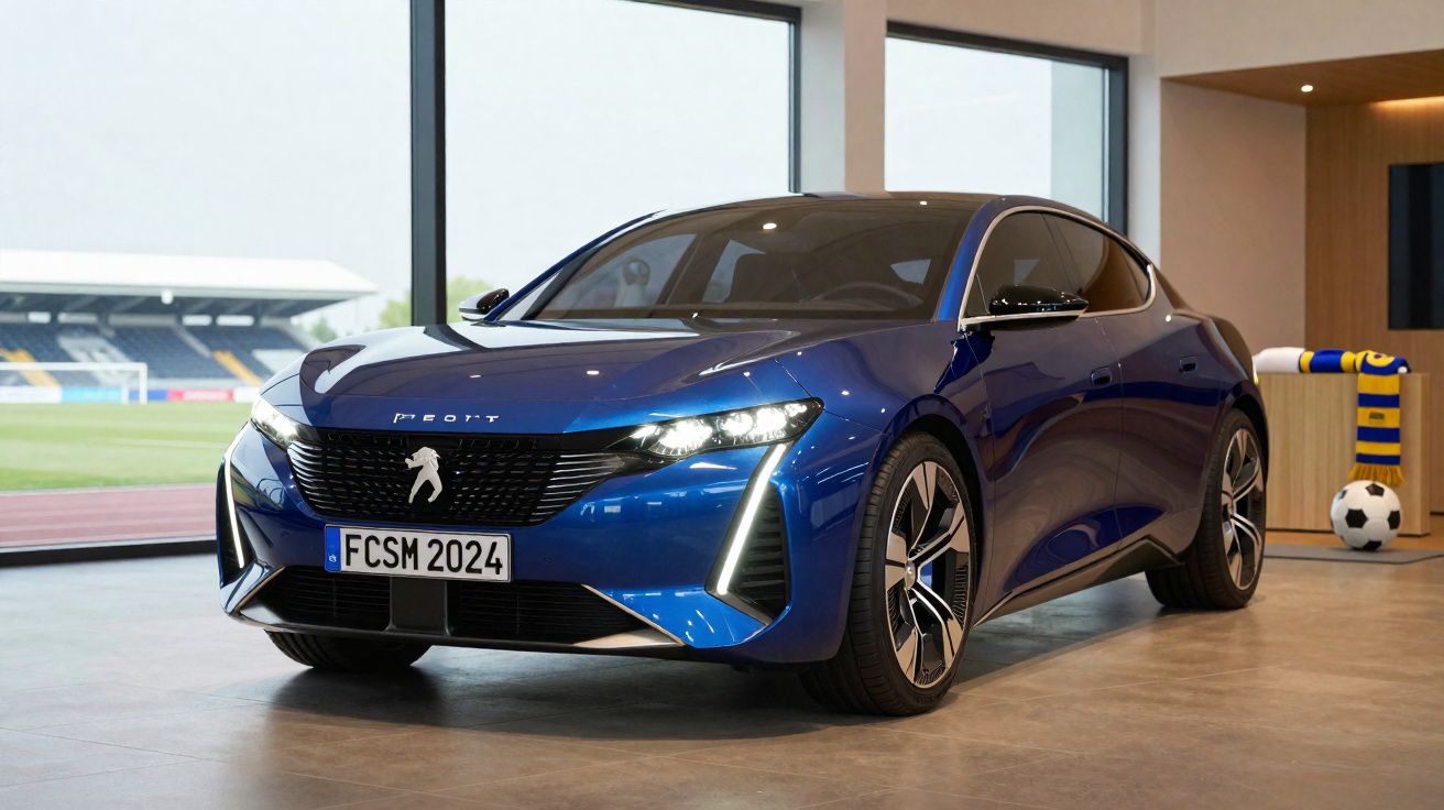 Carro elétrico azul elétrico modelo Profit estacionado em ambiente interno com campo de futebol ao fundo.