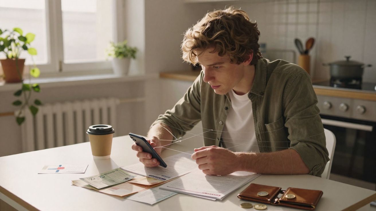 Homem sentado à mesa analisando documentos e dinheiro enquanto usa o celular em ambiente de cozinha.