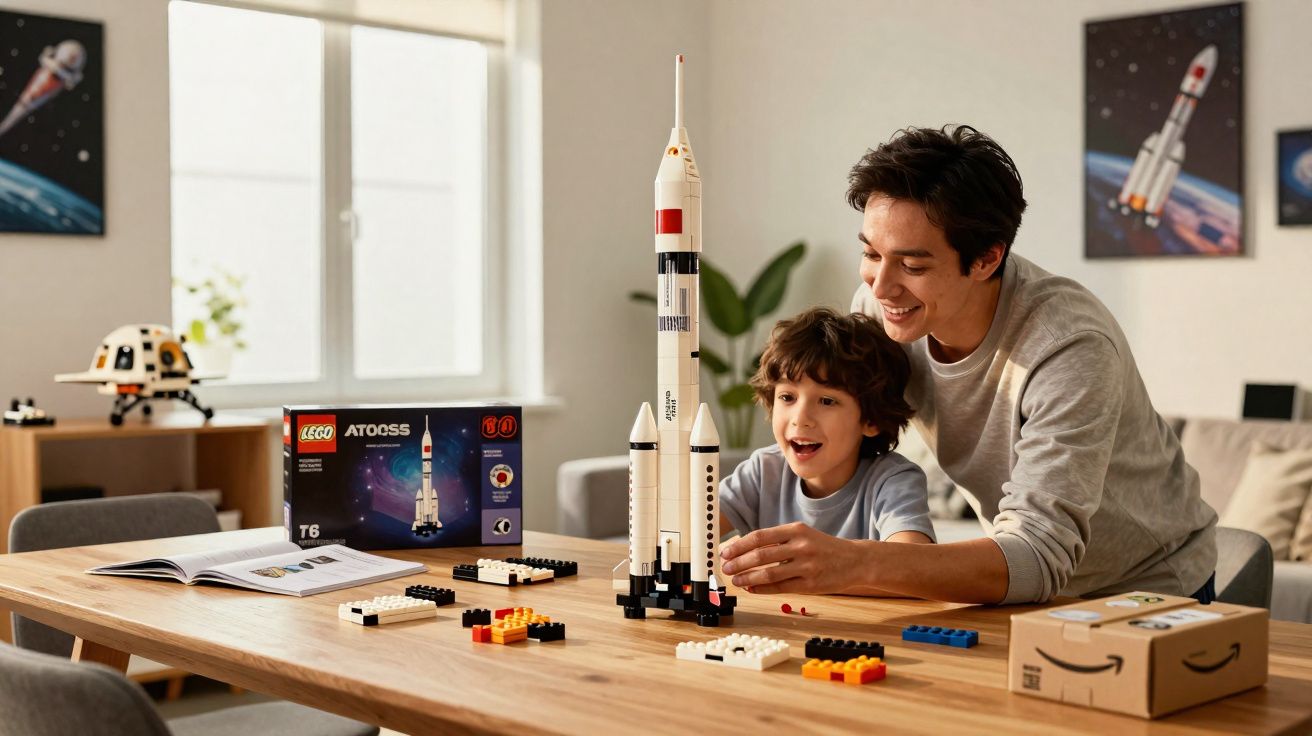 Pai e filho montam foguete de Lego em mesa de sala com brinquedos espaciais ao fundo.