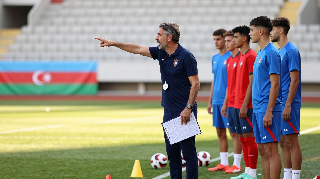 Treinador português orienta jogadores durante treino em campo com bandeira do Azerbaijão ao fundo.