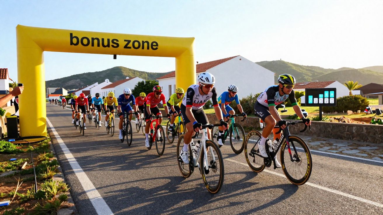 Grupo de ciclistas passando por arco amarelo com texto "bonus zone" em estrada com casas ao fundo.