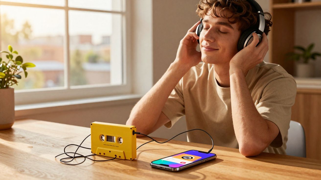 Jovem sentado ouvindo música com fones em uma fita cassete conectada a um celular sobre a mesa.