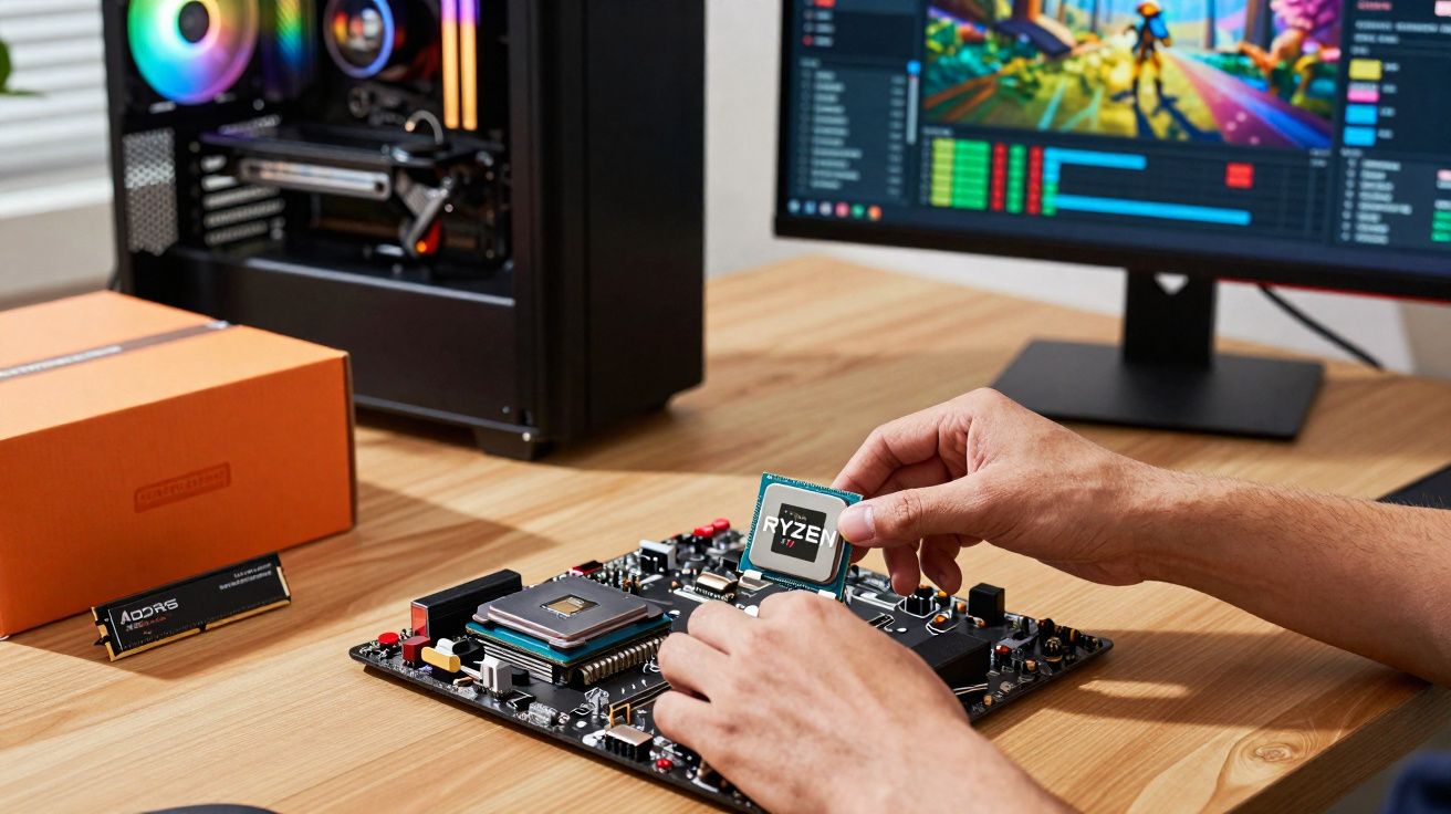 Pessoa instalando processador Ryzen em placa-mãe com PC montado e monitor à frente em mesa de madeira.