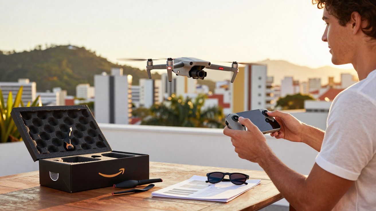 Homem controla drone cinza com controle remoto em varanda com edifícios ao fundo ao pôr do sol.