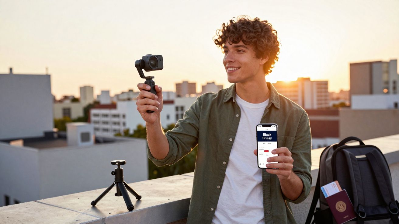 Jovem grava vídeo com câmera em mão e segura celular com promoção Black Friday no pôr do sol.