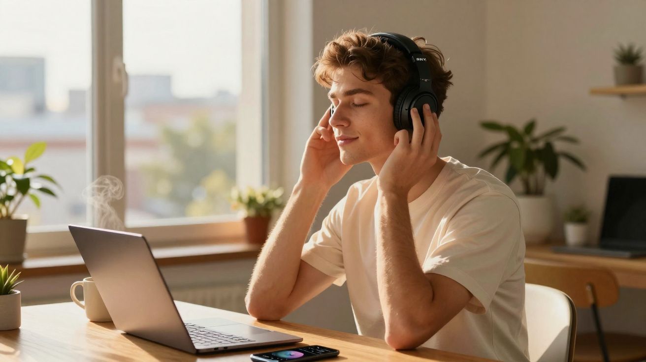 Jovem sentado à mesa com laptop e fones de ouvido, apreciando música em ambiente iluminado e com plantas.
