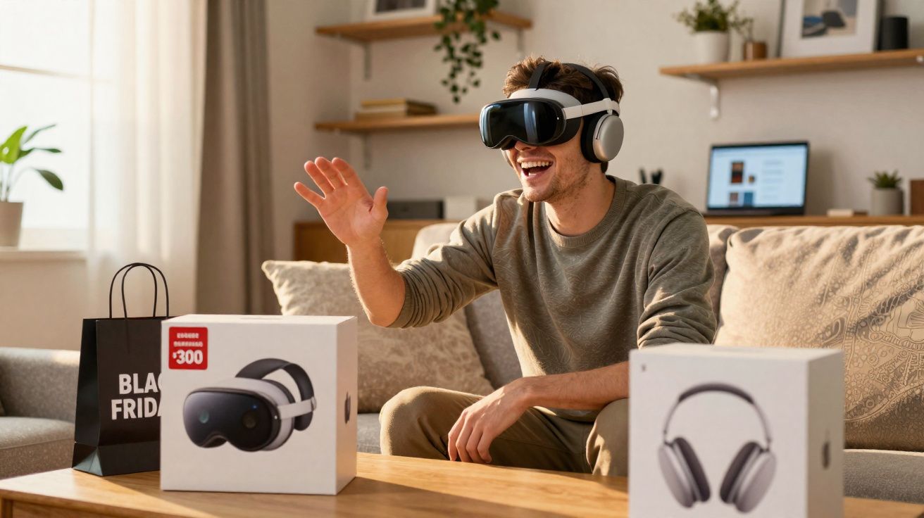 Jovem sentado no sofá usando óculos e fones de realidade virtual, sorrindo e levantando a mão.
