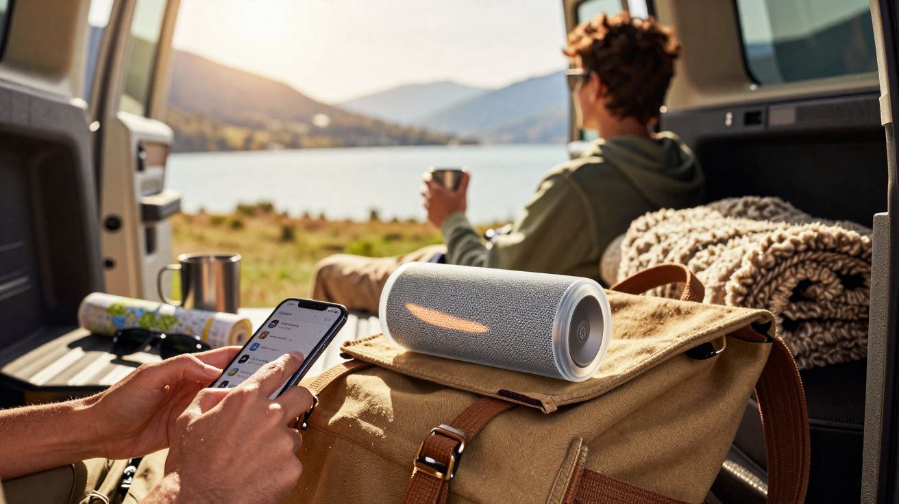 Pessoa usando celular dentro de carro com mochila, caixa de som e pessoa ao fundo em paisagem de lago e montanhas.