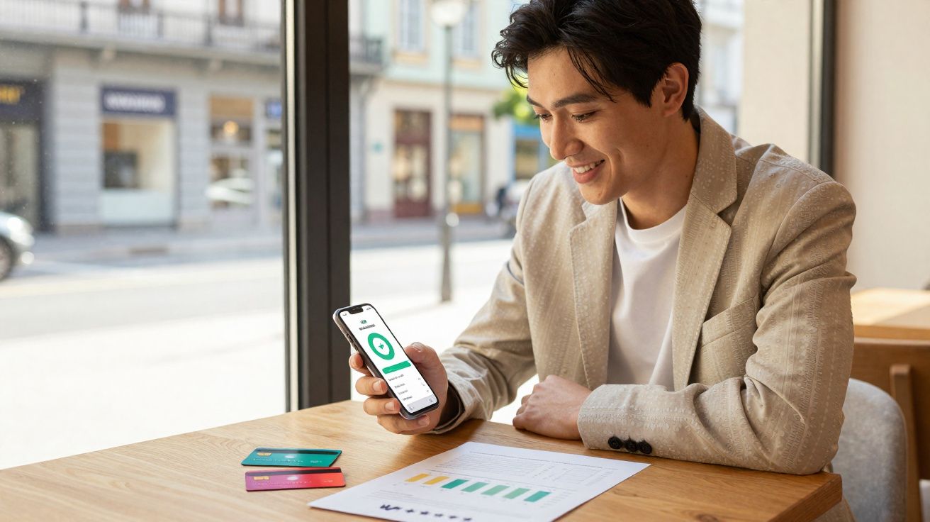 Homem sorrindo consulta aplicativo financeiro no celular em mesa com cartões e gráfico em papel.