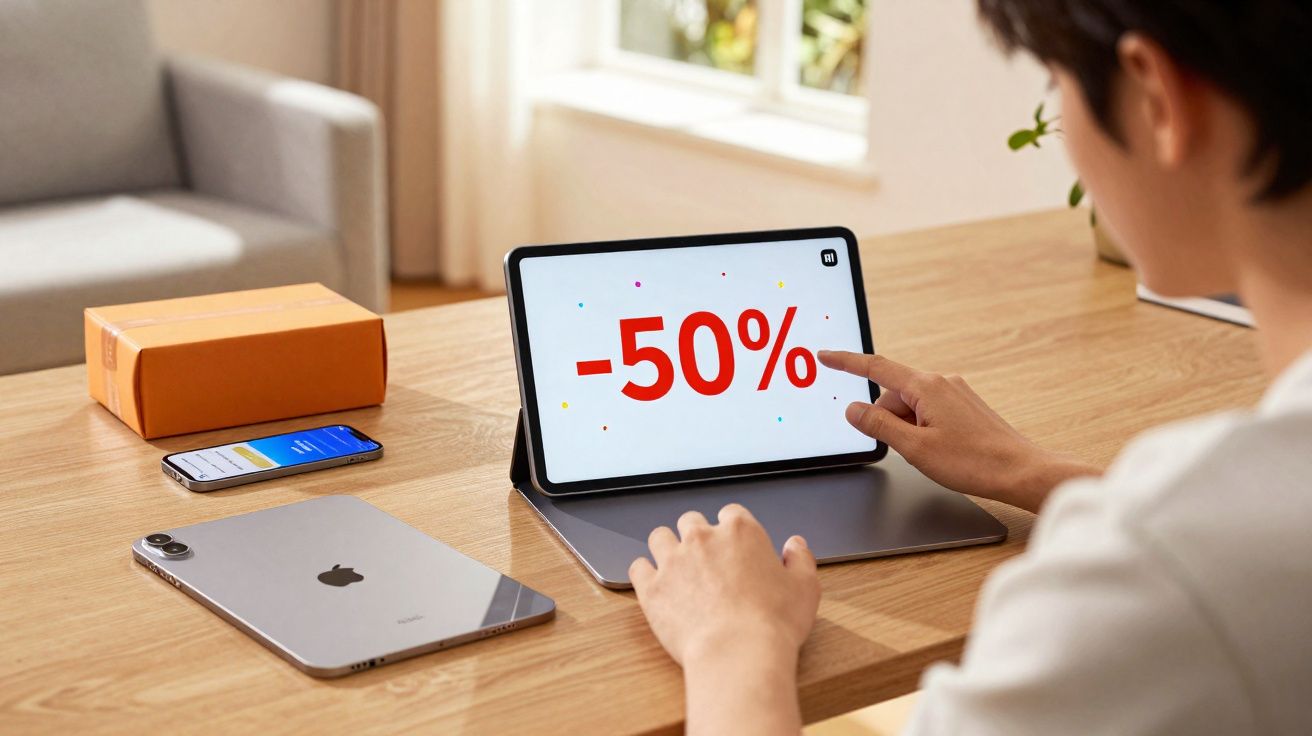 Pessoa usando tablet com desconto de 50% na tela, perto de celular, caixa laranja e outro tablet sobre mesa de madeira.