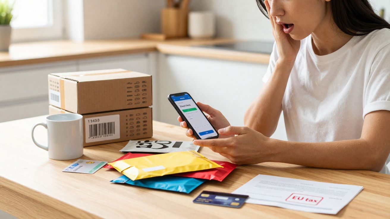 Mulher surpresa lendo mensagem no celular, com caixas, envelopes e documentos sobre imposto na mesa.